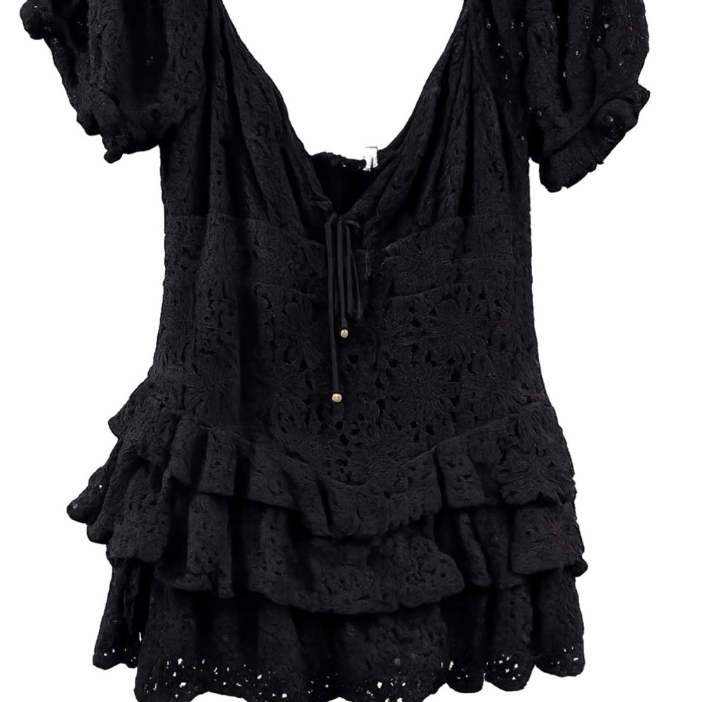 Olivaceous Black Lace Ruffle Blouse